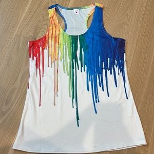 White cotton spandex tank with paint drip detail. Size large.